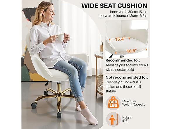 BestEra Vanity Chair with Wheels, Cute Home Office Desk Chairs Adjustable Height for Living Bedroom, Small Modern Fluffy Velvet Makeup Chair with Back for Girls (White) (Open Box)