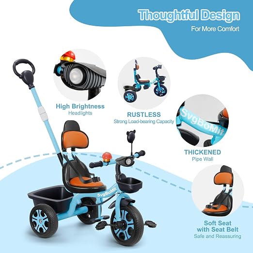 Kids Tricycle w/ Push Bar Storage Basket- Choose Color - Gallery 12