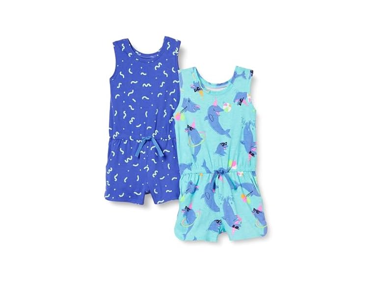 Amazon Essentials Girls' Knit Sleeveless Rompers (Previously Spotted Zebra), Pack of 2, Blue/Dolphin, X-Large