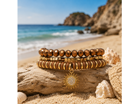 Stretch Beaded Bracelet Stack with Brown Sun Charm