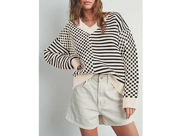 Women’s Checkered Striped Knit Sweater