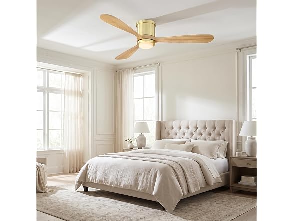 Parrot Uncle 52 Inch Flush Mount Solid Wood Ceiling Fan, Gold