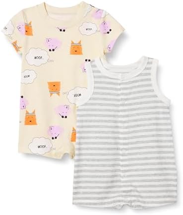 Amazon Essentials Unisex Babies' Sleeveless and Short-Sleeve Romper Set, Pack of 2, Beige Dogs/Heather Stripe, 18 Months