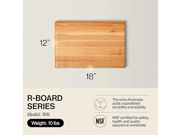 John Boos R-Board Series Rectangular Wooden Maple Cutting Board 18”x12” – 1.5” Thick, 10-lb Reversible Butcher Block with Edge-Grain & Finger Grips – Made in the USA (Open Box)
