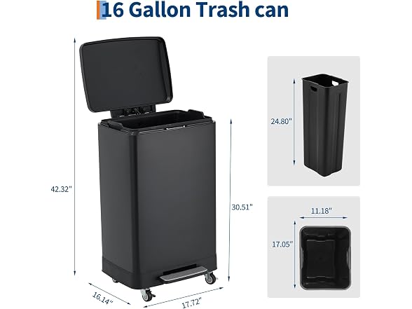 OUTLANE 60L Stainless Steel Kitchen Trash Can 