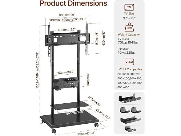 ECOTINY Rolling TV Stand 37-75" - Black