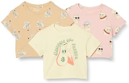 Amazon Essentials Girls' Short Sleeve T-Shirts, Pack of 3, Cool Cat/Tiger/Tropical Fruit, X-Small
