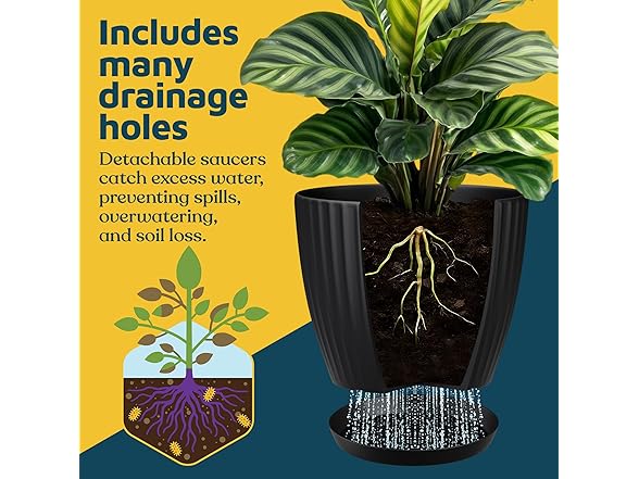 Lifemaster Black 6-Inch Plant Pots with Drainage & Saucers 24 Pack