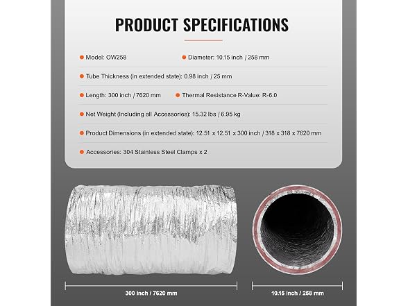 Dryer Vent Hose, 10'' Insulated Flexible Duct
