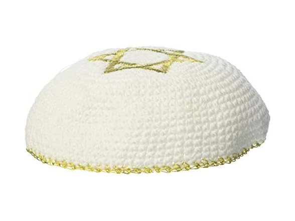 17 cm. White Wool Knitted Kippah with Gold