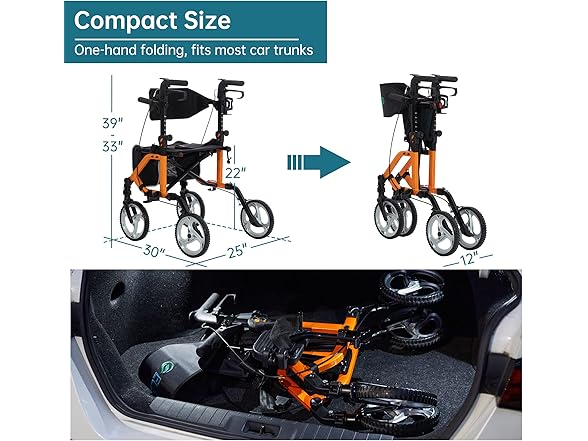 ELENKER 2 in 1 Rollator Walker & Transport Chair, Folding Wheelchair with 10” Non-Slip Wheels for Seniors, Reversible Backrest & Detachable Footrests, Orange (Open Box)