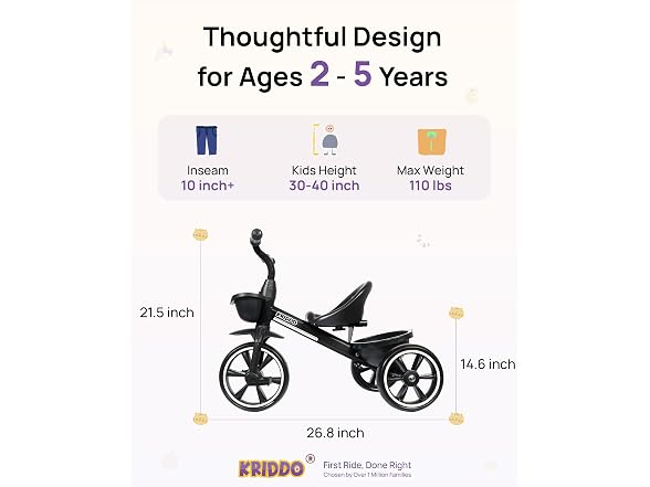 Kriddo Kids Tricycle with Basket, Black