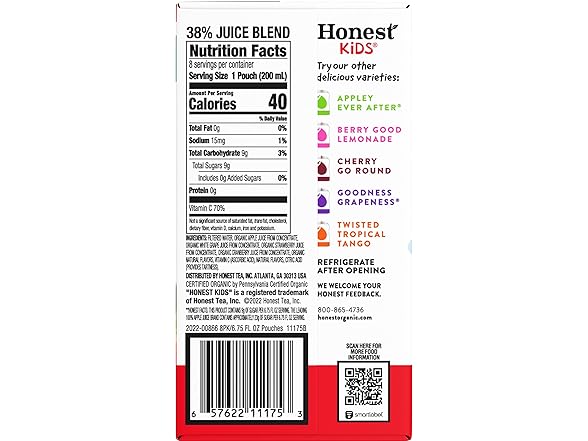 8PK Honest Kids, Organic Super Fruit Punch, 6.75 Oz