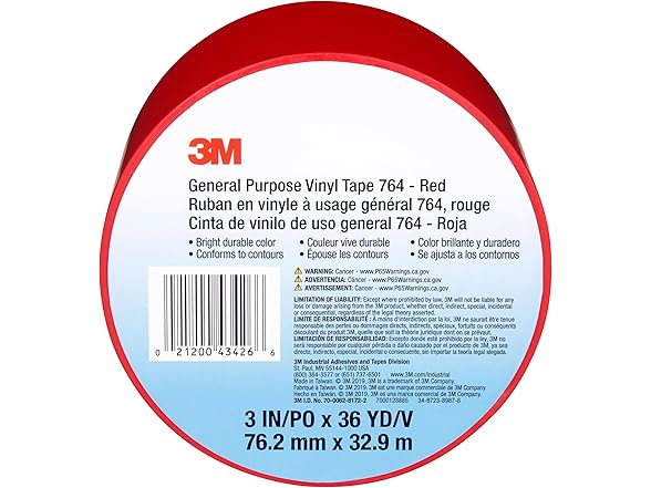 3M Vinyl Tape 764, 3 in x 36 yd, Red