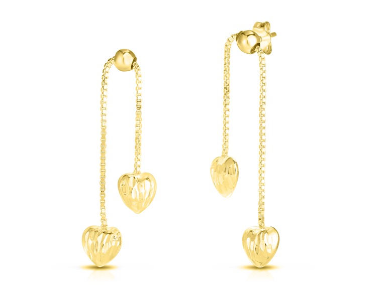 925 Sterling Silver Puffed Heart Dangle Earrings Plated In 18K Yellow Gold
