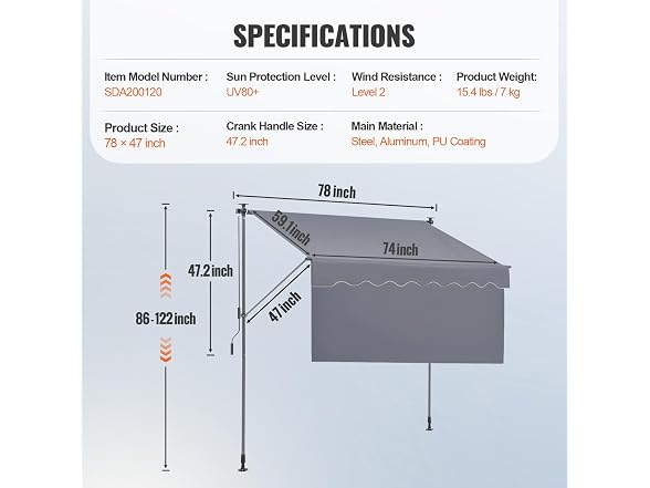 Manual Retractable Awning, 78" Outdoor