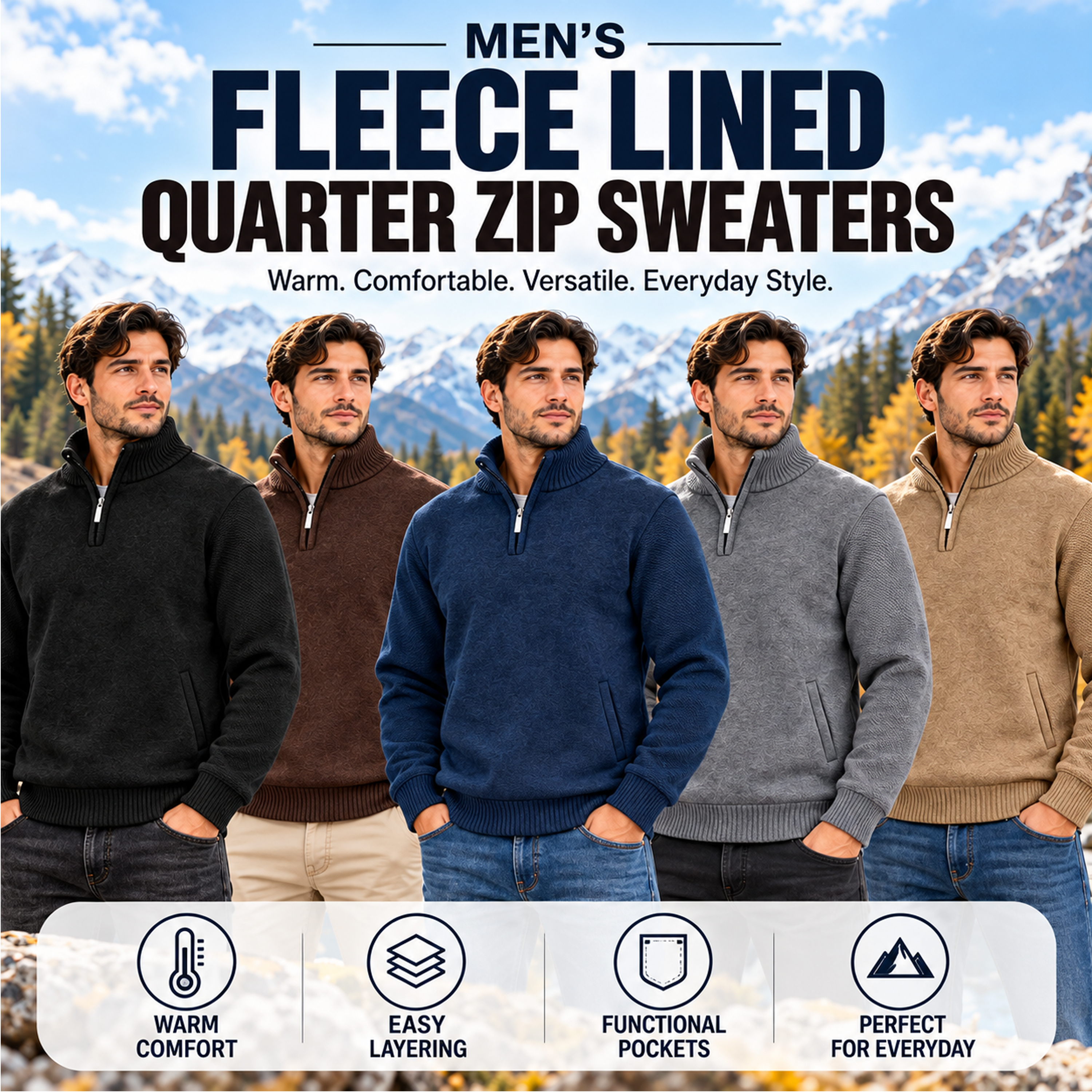 3Pk Mens Fleece Quarter Zip Sweaters - Gallery 19