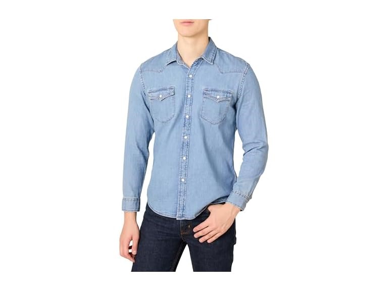 Amazon Essentials Men's Slim-Fit Long-Sleeve Denim Shirt with Snap Buttons, Light Blue, X-Large