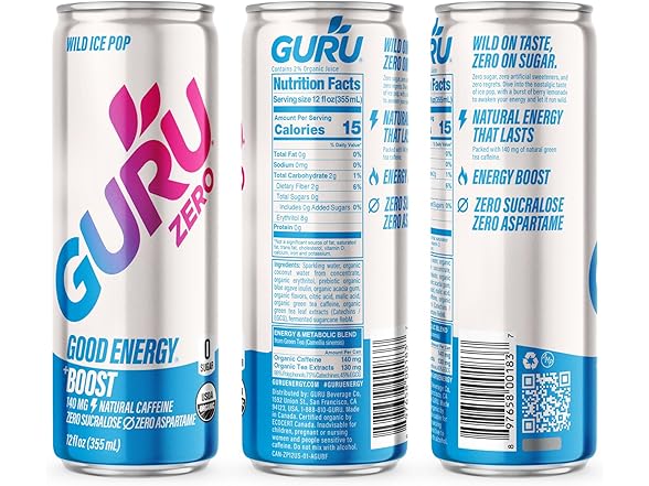 12PK GURU ZERO SUGAR Organic Energy Drinks Variety