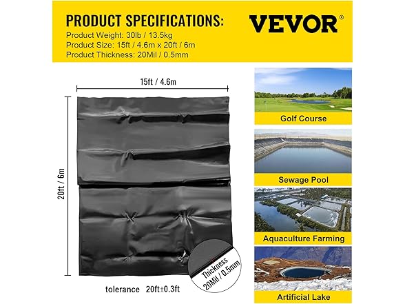 VEVOR LLDPE Pond Liner 15x20 ft