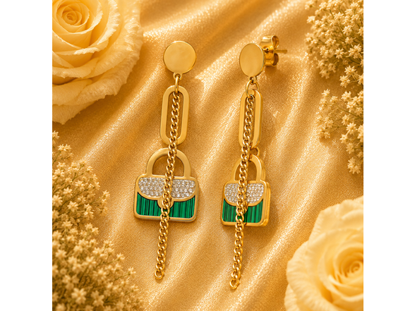 18K Gold Padlock Chain Drop Earrings