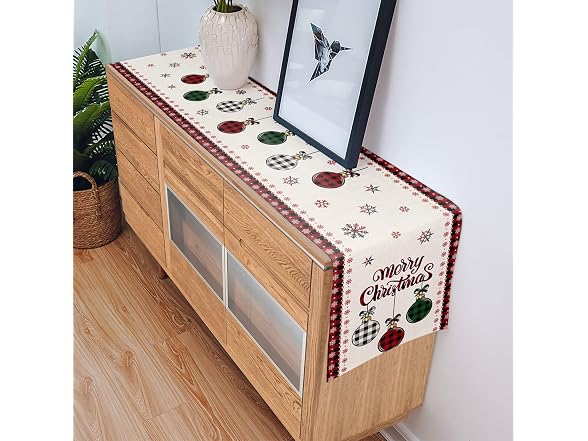 Christmas Table Runner 72 Inch Xmas Ball Buffalo Plaid