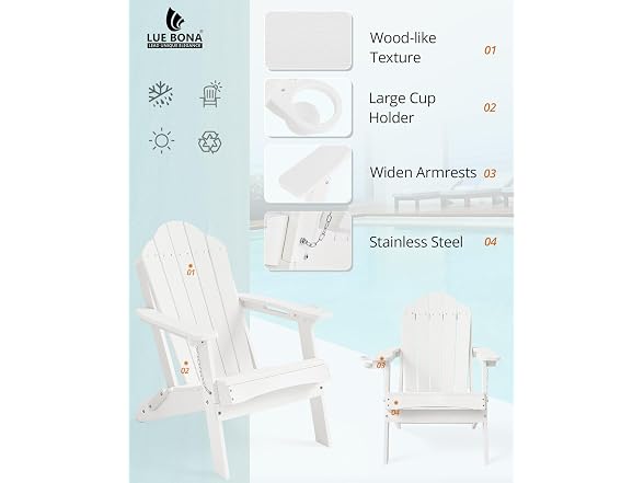 LUE BONA Set of 2 White Adirondack Chairs