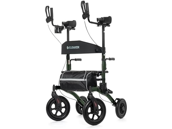 ELENKER All-Terrain Upright Rollator Walker, Stand up Rolling Walker with Seat, 12” Non-Pneumatic Tire Wheels, Compact Folding Design for Seniors, Green (Open Box)