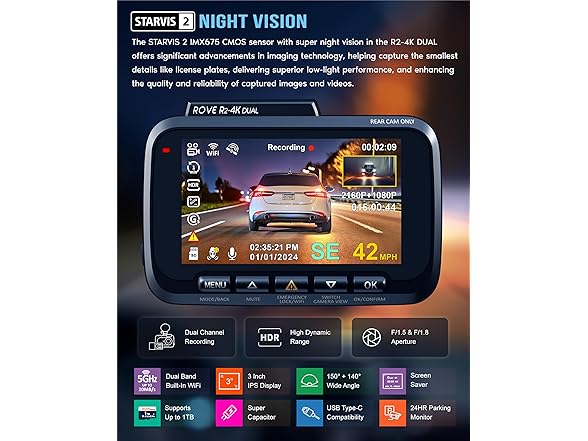 ROVE R2-4K DUAL Dash Cam Front and Rear