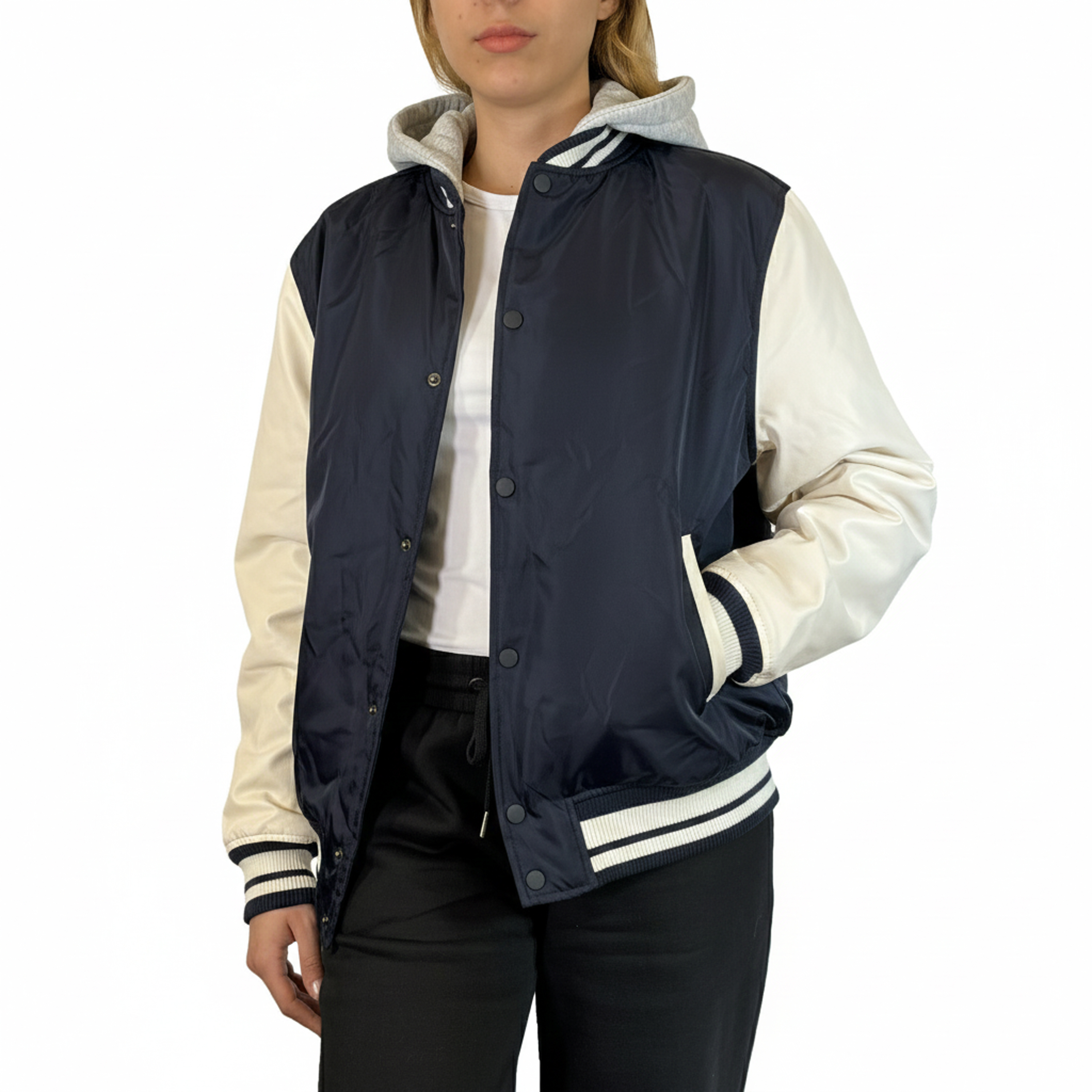 Womens Oversized Heavyweight Hooded Varsity Jacket - Gallery 27