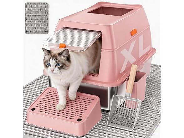 CatbruLop Stainless Steel Litter Box with Lid, Pink