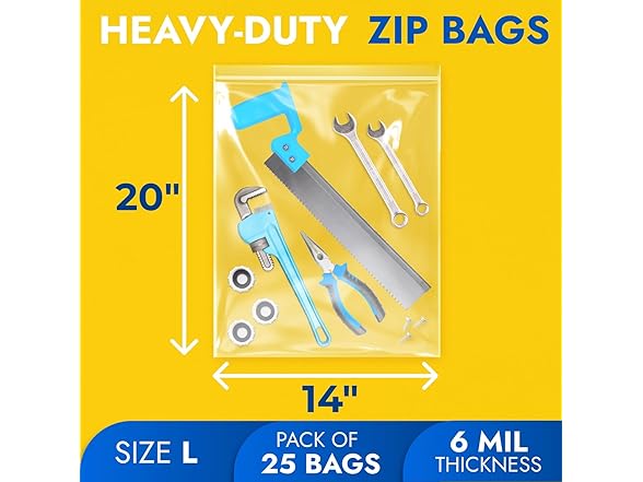 Paclord 14" x 20" Large Zip Seal Lock Bags, 6 Mil (Pack of 25) 