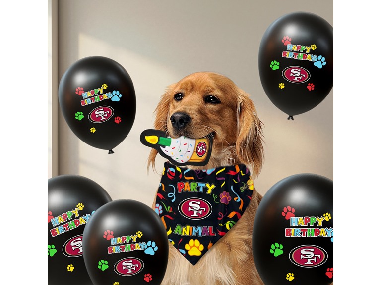 NFL SAN Francisco 49ERS Dog Birthday Party Set 10pcs with 1 Football Bandana Small/Medium, 1 Crown Hat, 1 Banner, 1 Birthday Cake Toy & 6 B-Day Balloons, Dog Birthday Set, Costume, Fun Doggie Pawty