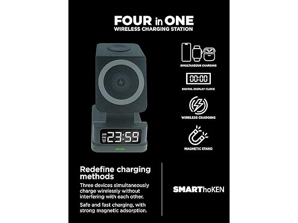 SMARThoKEN 4-in-1 Wireless Magnetic Charging Station w/Clock