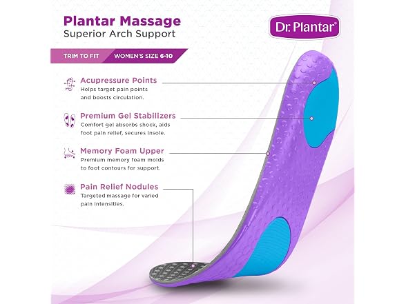 Dr. Plantar Massaging Gel Insoles for Women, Sizes 6-10, Trim to Fit