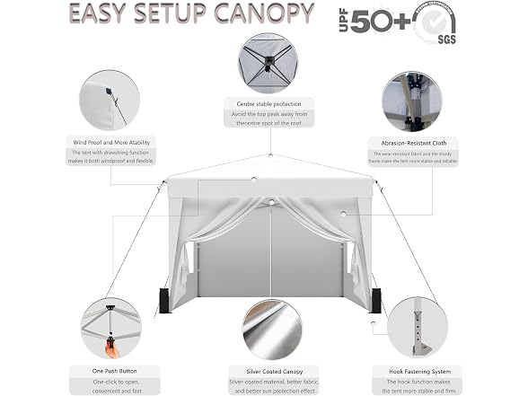 SANUMY Portable 10x10 Pop Up Canopy Tent, Silver White