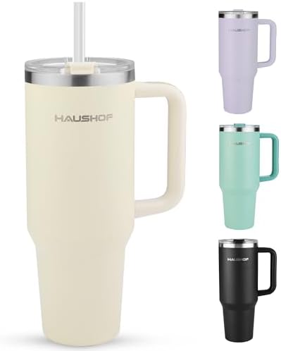 HAUSHOF 40 oz Tumbler with Handle and Straw, Insulated Stainless Steel Coffee Tumbler with Tritan Lid, Double Walled Travel Mug Water Bottle Cup, Large Tumbler for Hot and Cold Drinks