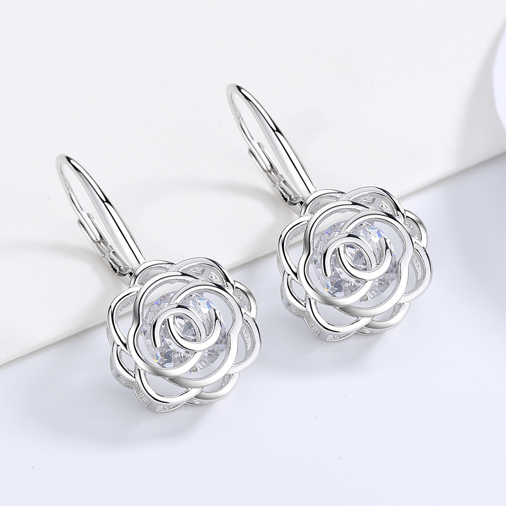 Sterling Silver Crystal Rose Earrings - Gallery 16