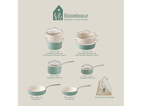 Bloomhouse 12 Piece Aluminum Pots and Pans Sage Green