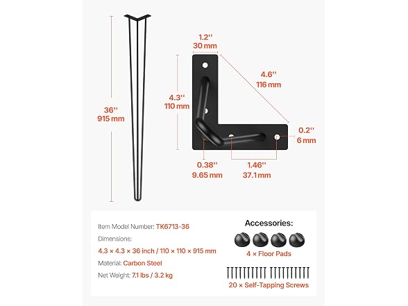 Hairpin Table Legs 36 in Black Set of 4 Desk
