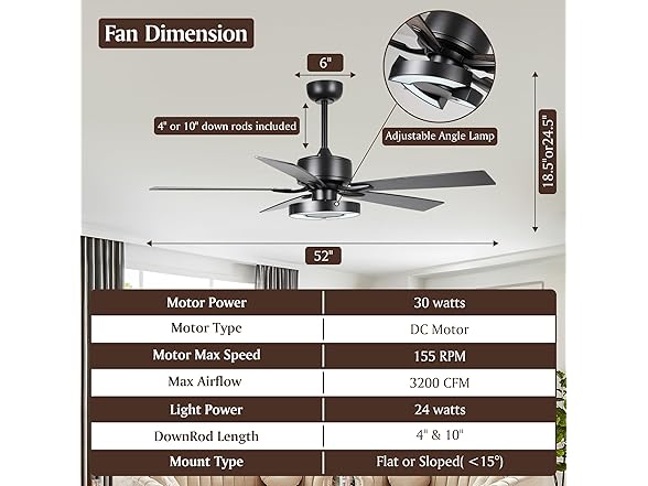 Parrot Uncle F6366BK-PU 52 Inch Ceiling Fans with Ligh