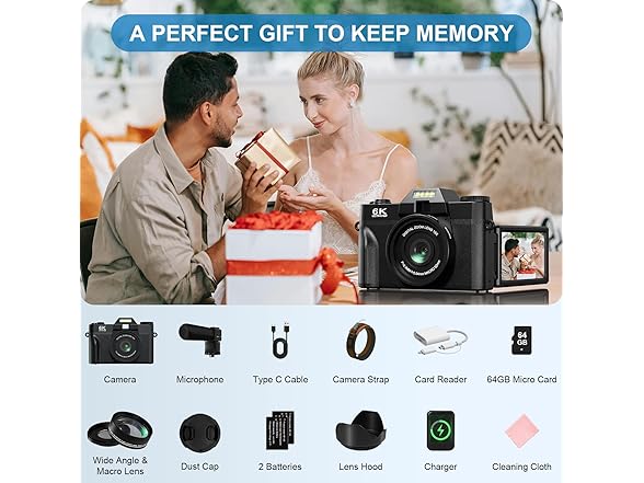 Yatao Digital Cameras for Photography and Vlogging, 6K 64MP Flip Screen, Dual Lens, Microphone for Video, 64GB TF Card, Compact Photo WiFi Camera for YouTube Kit Travel, Beginners (Black) (Open Box)