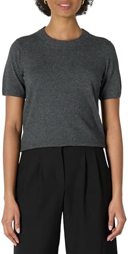 Amazon Essentials Women's Regular-Fit Short Sleeve Pullover Sweater Top, Charcoal Heather, Large
