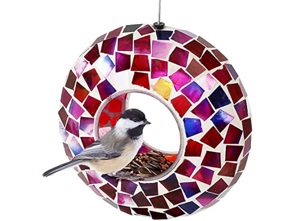 Sunnydaze 6-Inch Glass Mosaic Hanging Bird Feeder, Crimson Mosaic