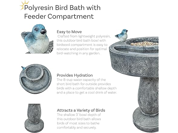Sunnydaze Resin Bird Bath with Feeder Compartment 27"