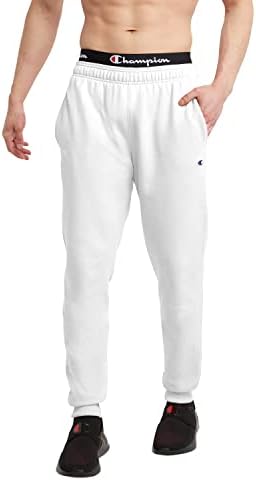 Champion Men's Fleece Joggers, Sweatpants, Standard Fit, Midweight, Script Tall, White-C Patch Logo, X-Large