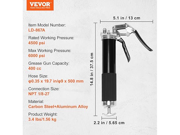 Pistol Grip Grease Gun, 6000 PSI, 14 OZ / 400