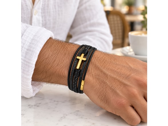 Mens Braided Leather Cross Bracelet