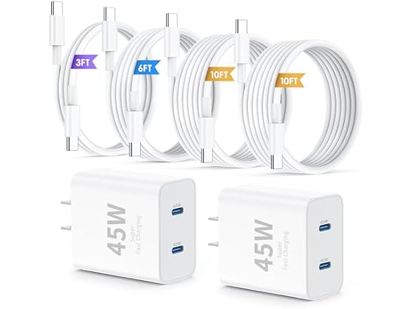 QZIIW 45W Dual USB-C Charger 2-Pk w/ Cable