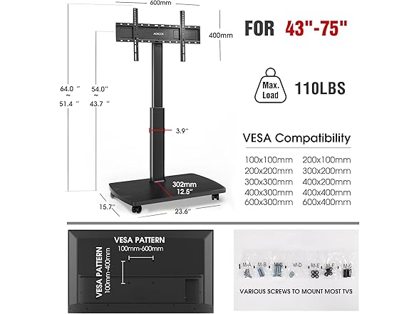 AOKCOS Rolling TV Stand | 43-75"